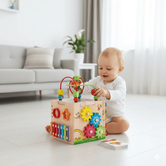 8-i-1 Montessori Træ Aktivitetskub for Småbørn
