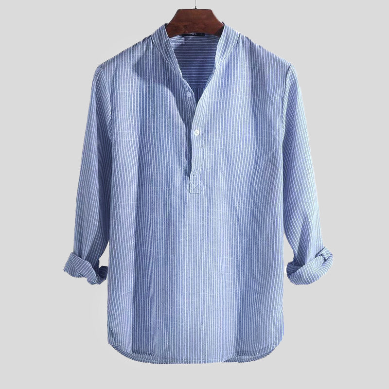 Soufiane | Chemise à manches longues en coton mélangé à du lin, à rayures et décontractée - Image 3