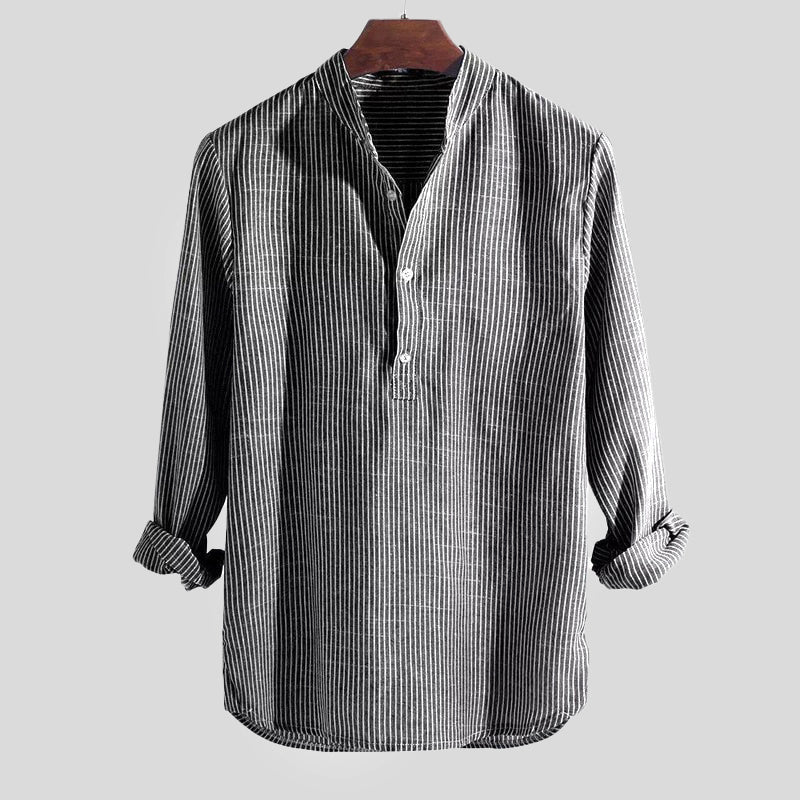 Soufiane | Chemise à manches longues en coton mélangé à du lin, à rayures et décontractée - Image 5