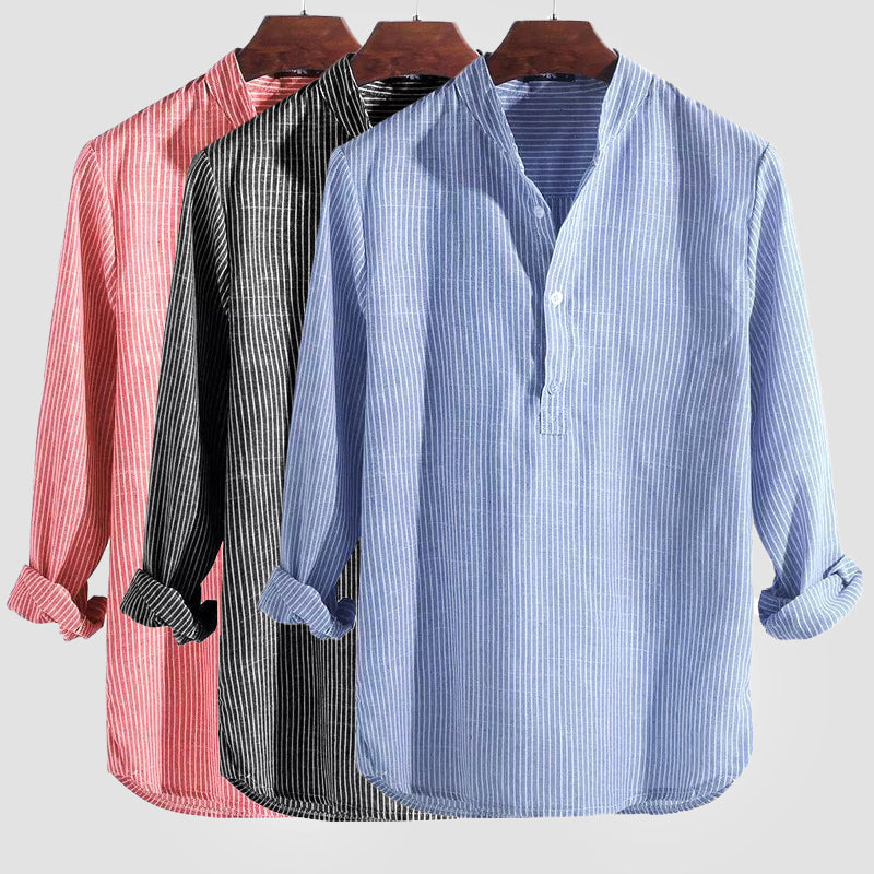 Soufiane | Chemise à manches longues en coton mélangé à du lin, à rayures et décontractée - Image 6
