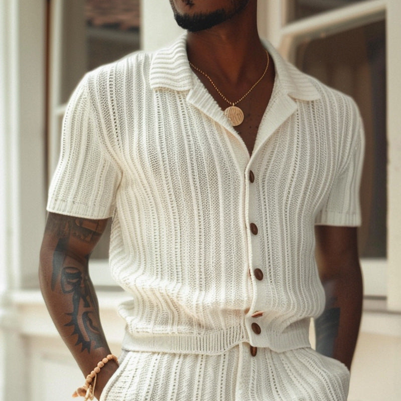 Couture-moda | Ensemble chemise et short en tricot pour hommes - Coupe étroite élégante - Confort respirant - Image 2