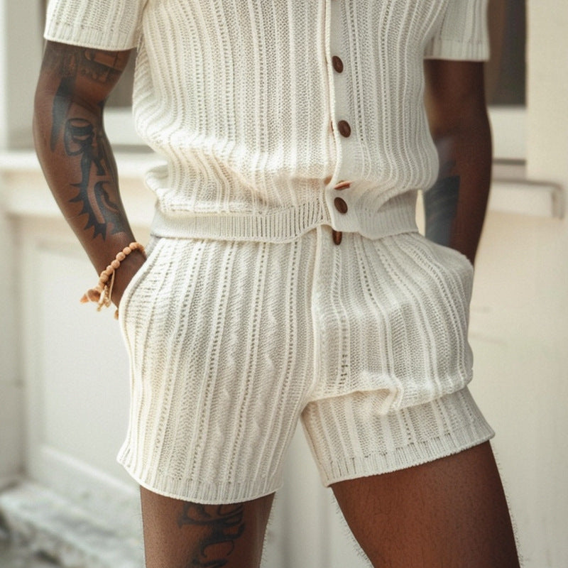 Couture-moda | Ensemble chemise et short en tricot pour hommes - Coupe étroite élégante - Confort respirant - Image 3