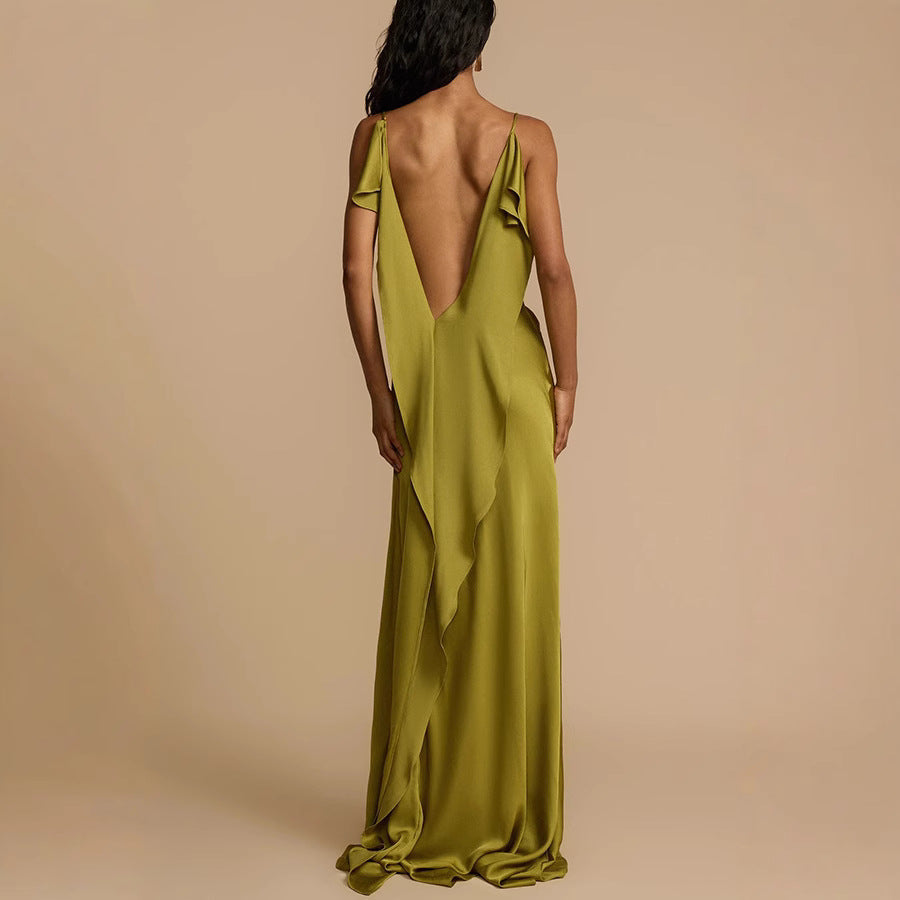 Christelle | Robe élégante pour femmes - col bénitier en satin - bretelles spaghetti - longueur totale - Image 3
