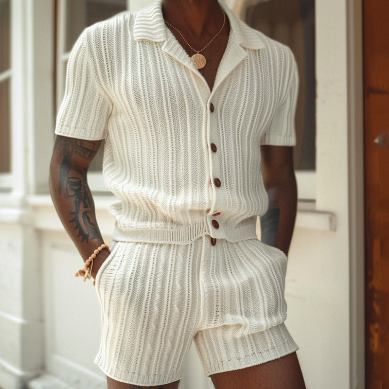 Couture-moda | Ensemble chemise et short en tricot pour hommes - Coupe étroite élégante - Confort respirant - Image 1