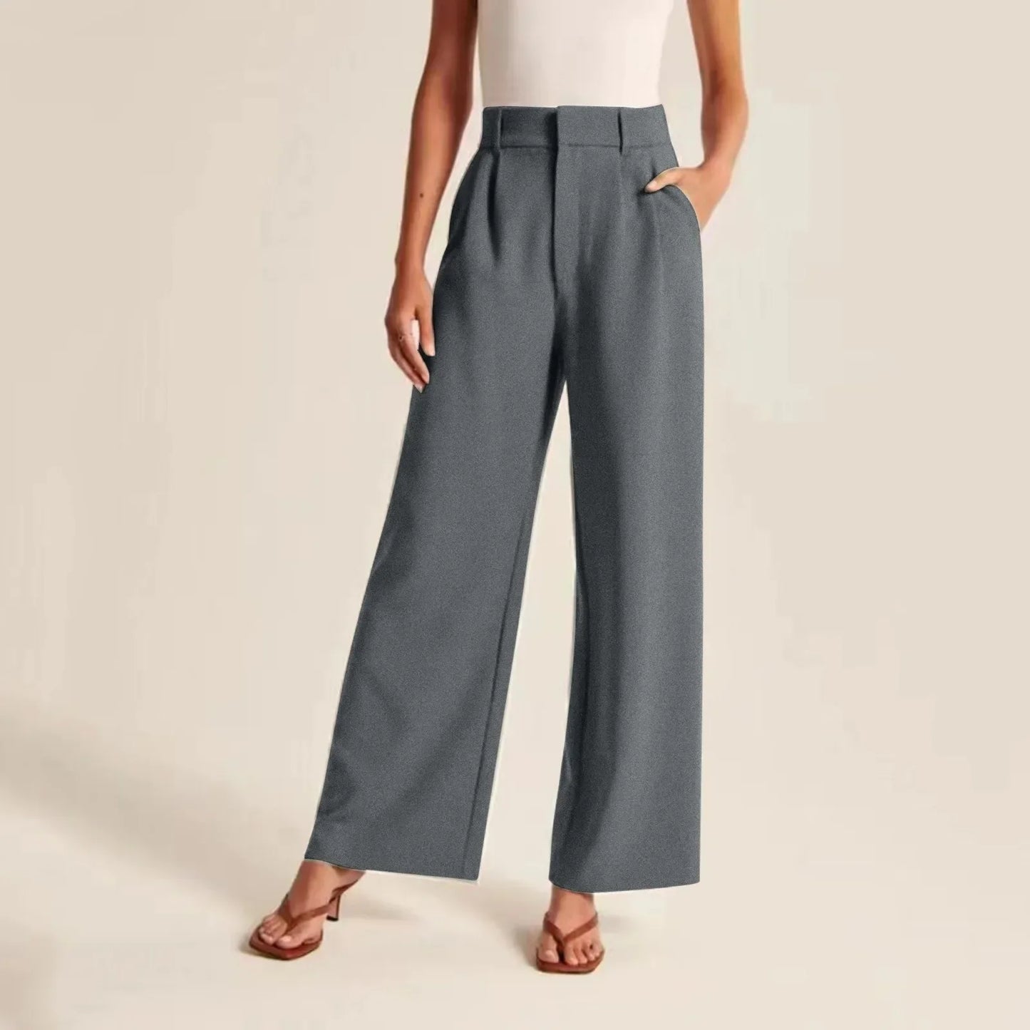 Couture-moda | Pantalon large à taille haute pour femmes - Tailored - Linen Feel - Full Length - Image 1