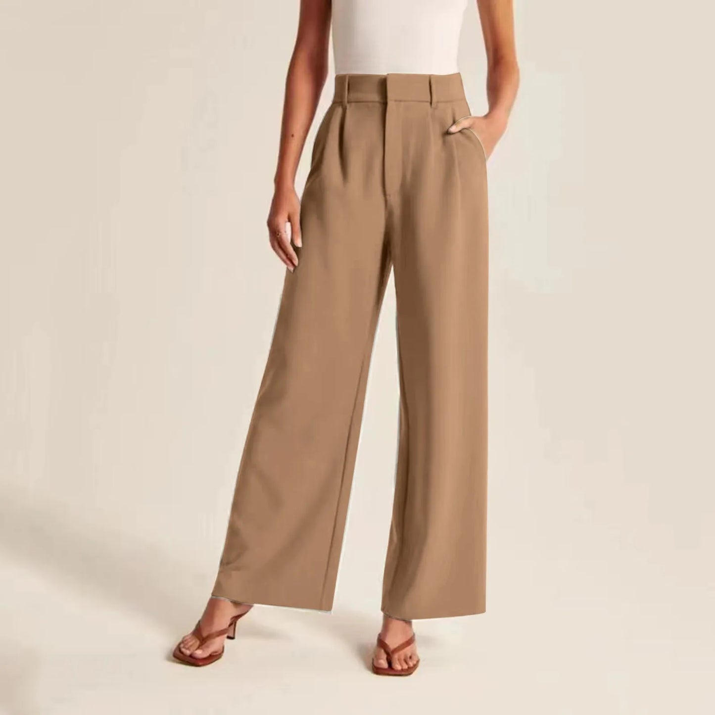 Couture-moda | Pantalon large à taille haute pour femmes - Tailored - Linen Feel - Full Length - Image 3