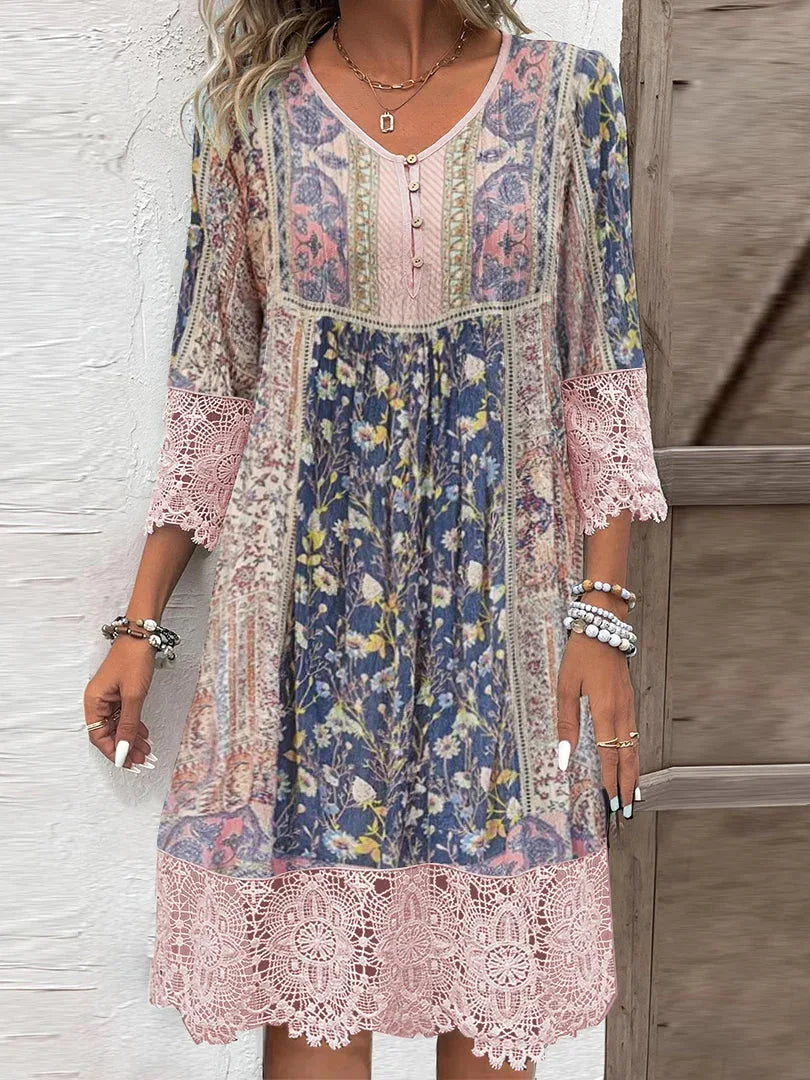 Gina | Robe midi florale avec bordures en dentelle et col en V - Image 2
