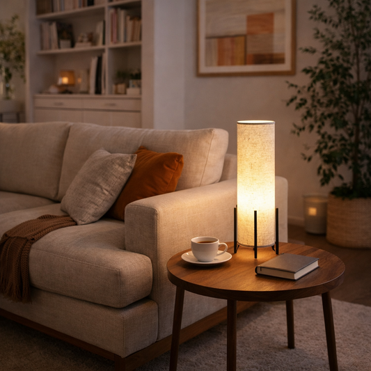Bordlampe i træ og stof – Skandinavisk stuebelysning