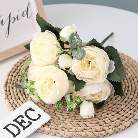 Kunstig Pæon Buket med Blomster og Knopper