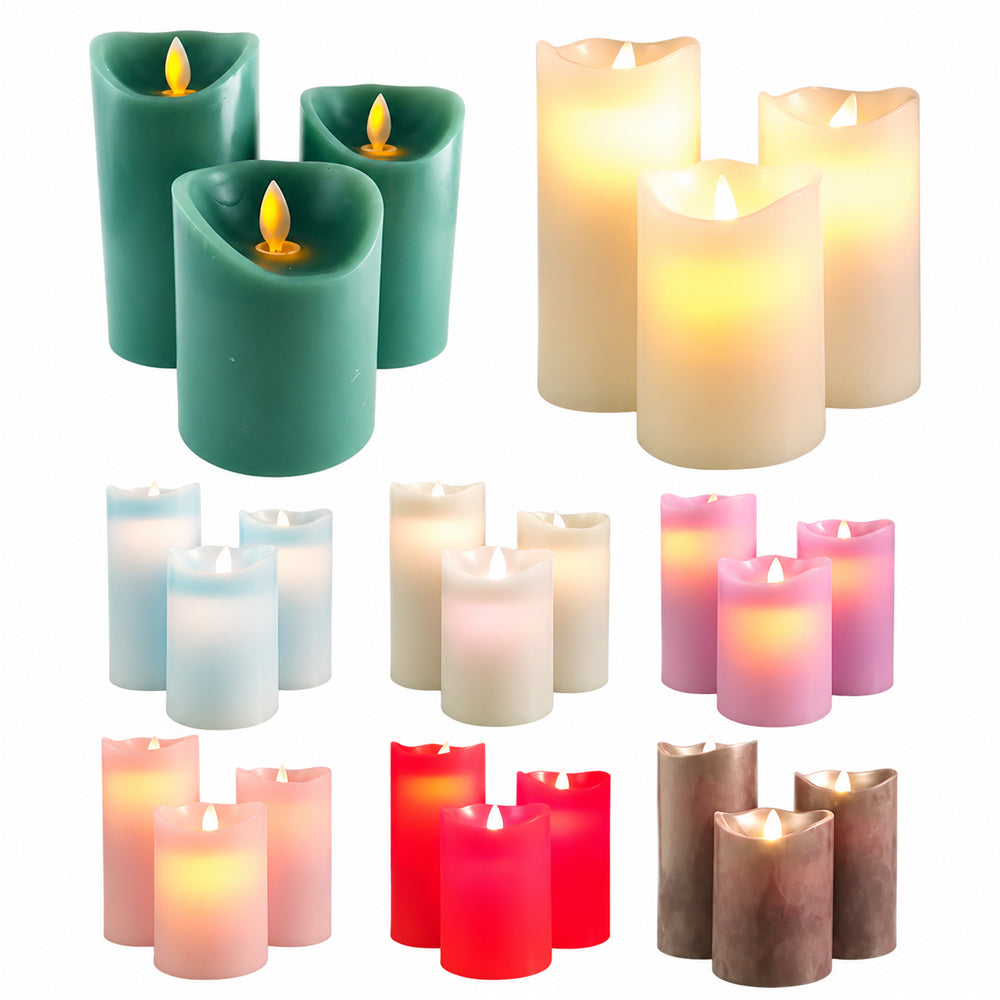 LED Bloklys - 3 stk. - 12/15/17 cm - med 3D Flamme - (Flere Farver)