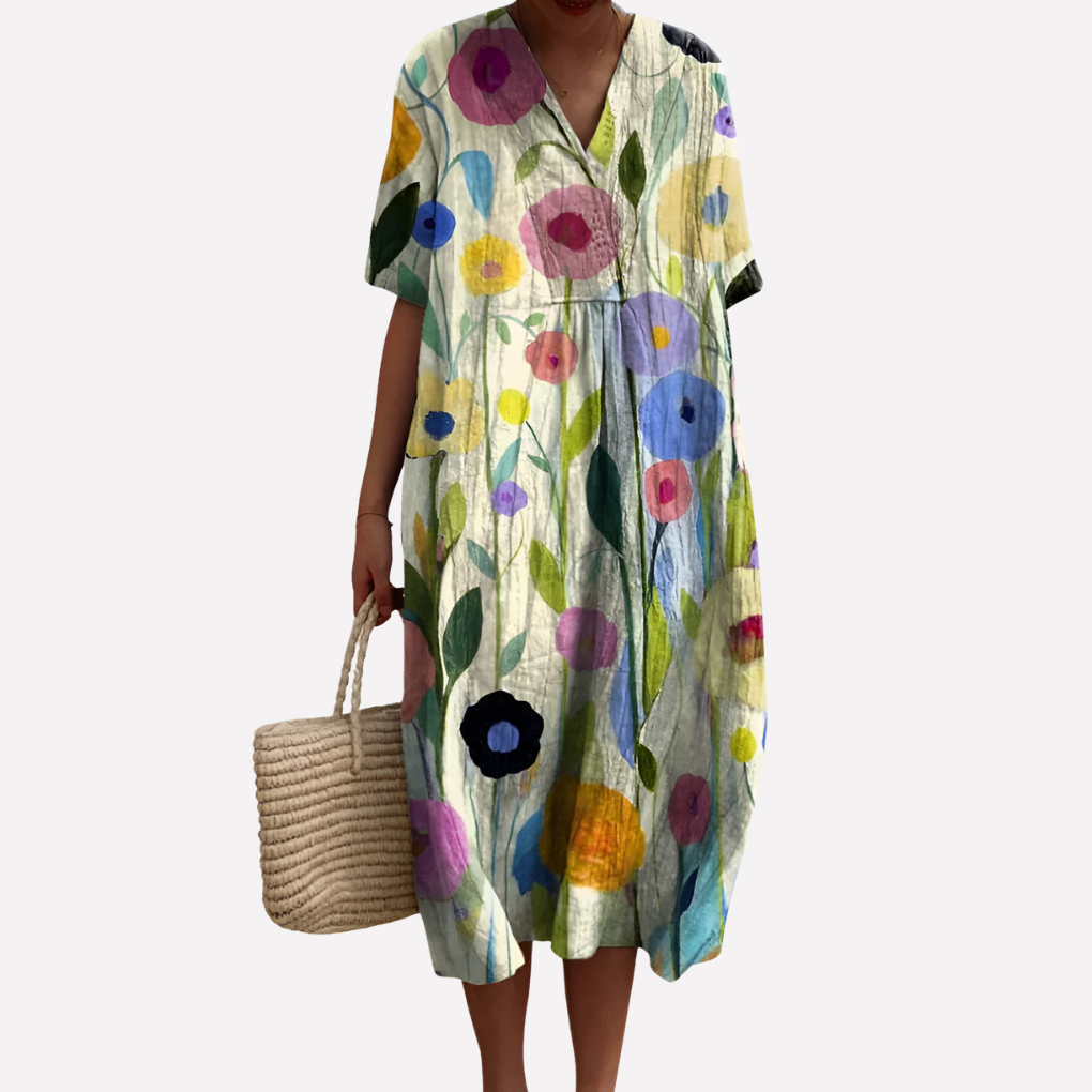 Image of Lisbet | Dame V-Hals Blomstret Midi Kjole