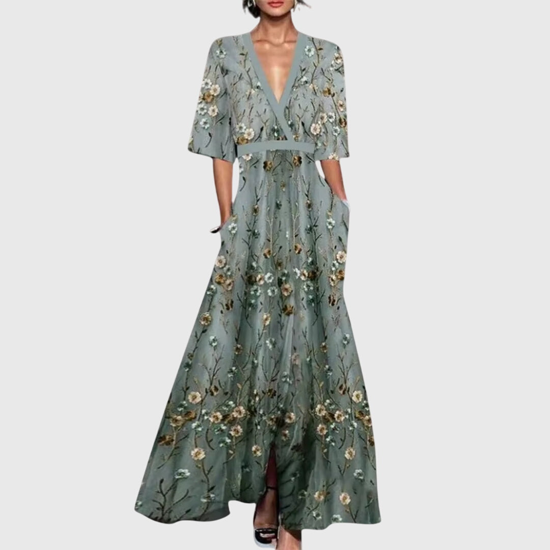 Image of Thorhild | Dame V-hals Blomstret Maxi Slå-om Kjole
