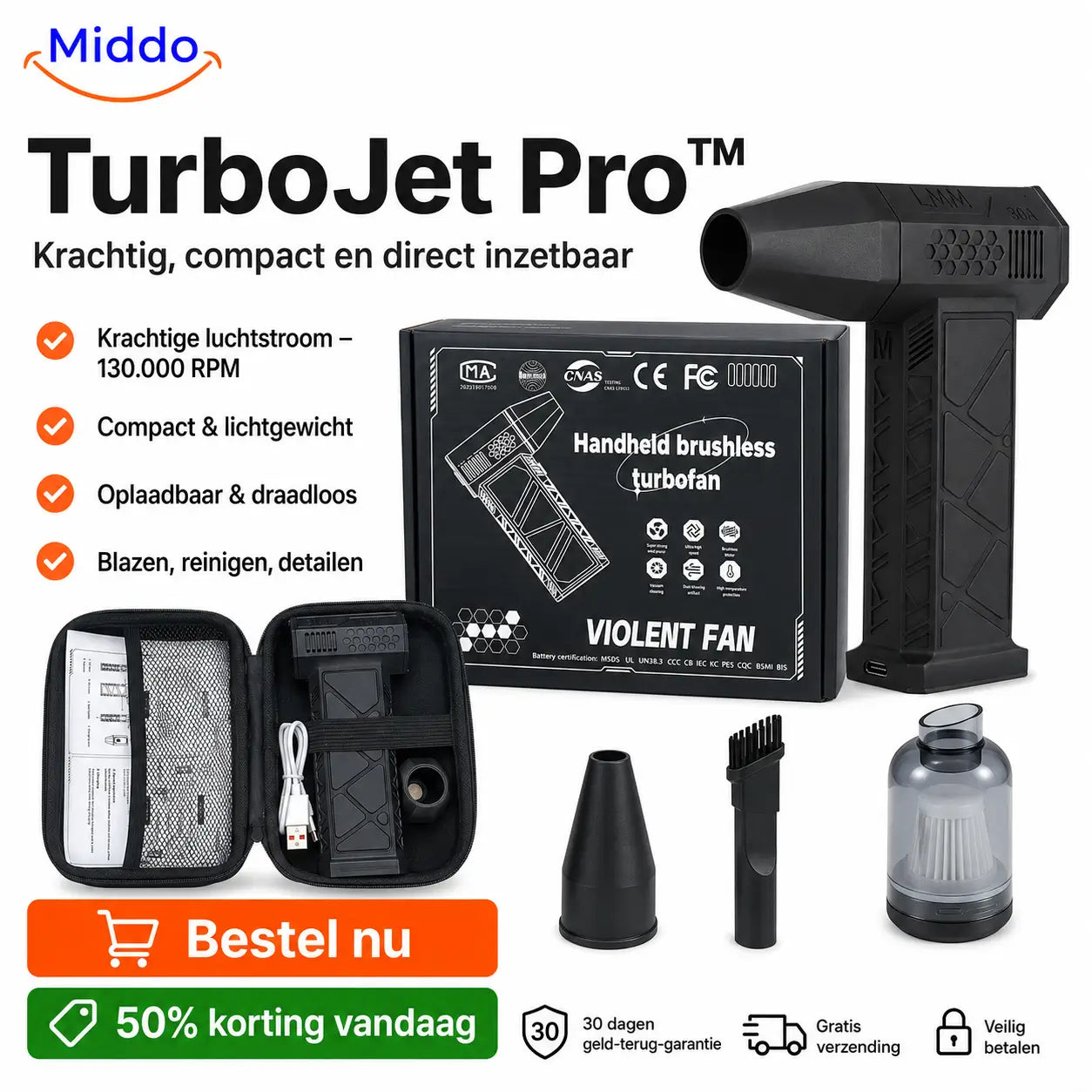TurboJet Pro™ – Kraftfuld Luftblæser (130.000 RPM) til Støv, Bil, BBQ, Værksted og Mere!