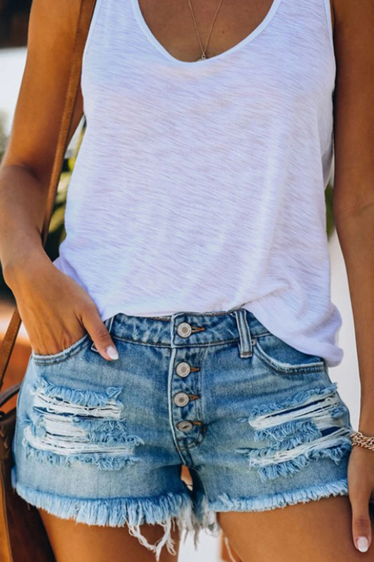 Sonia | Short en denim délavé à taille haute avec glands - Image 2
