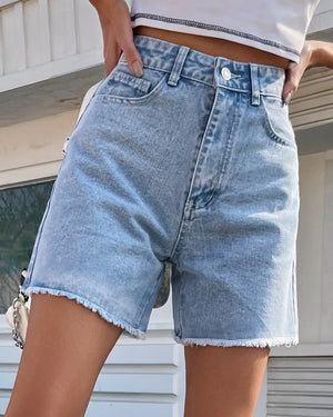 Mélanie | Short en denim français de couleur unie à ourlet brut pour femmes