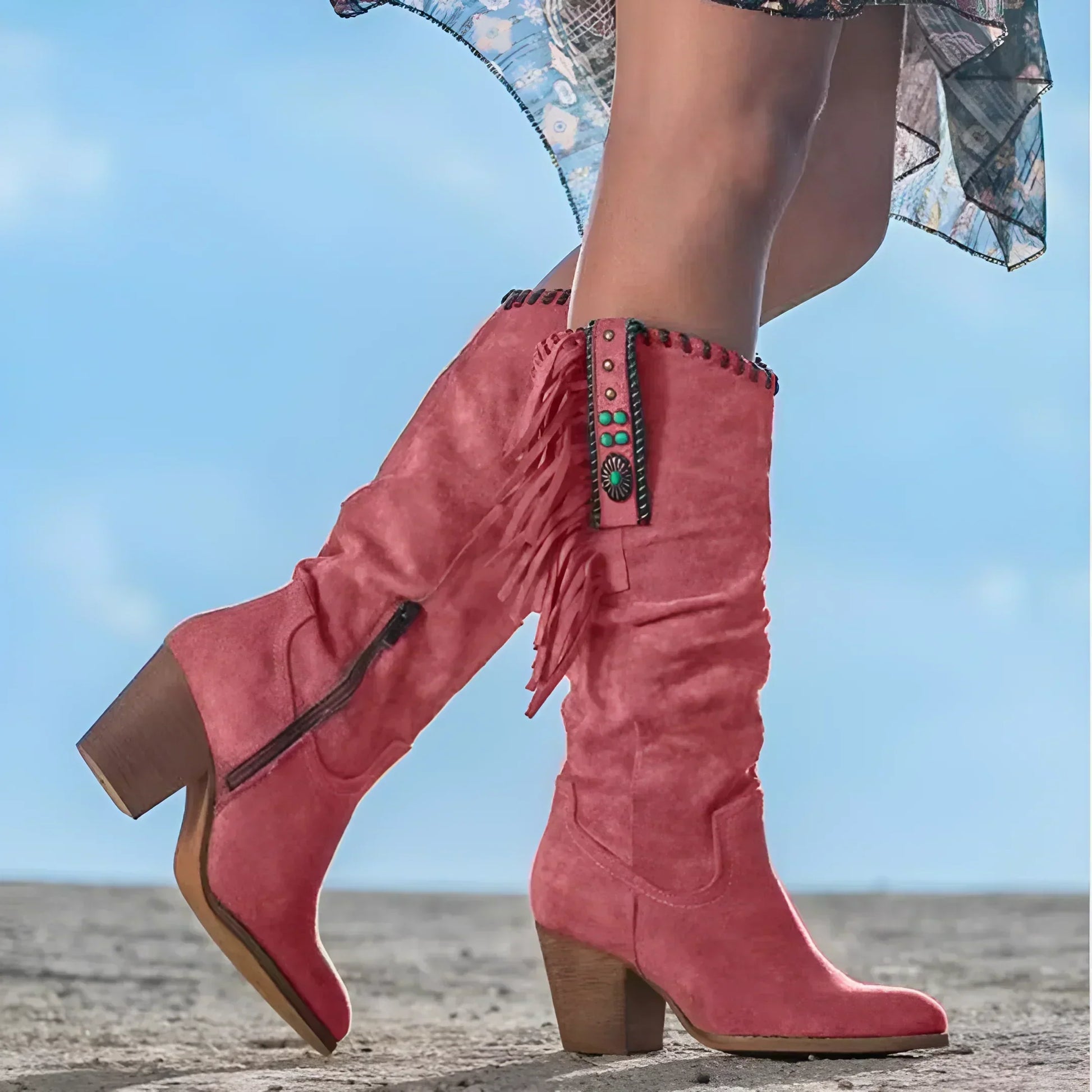 Perle | Bottes à Franges Talon Haut Femme Arrivant au Genou - Image 4