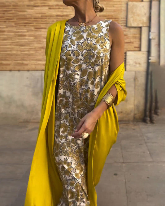 Déborah | Élégante robe longue dorée avec cardigan - Image 2