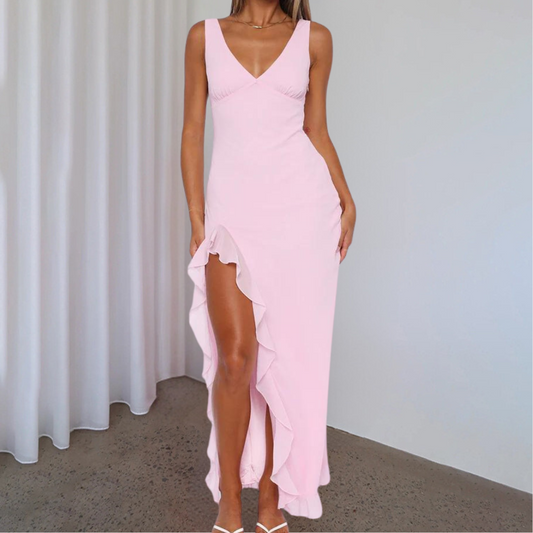 Hélène | Élégante robe longue sans manches à col en V et fente asymétrique - Image 2