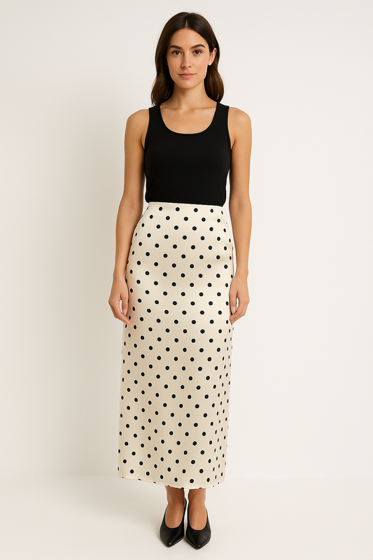 Caroline | Jupe crayon à pois pour femmes - Finition satinée - Coupe étroite - Longueur midi - Image 1
