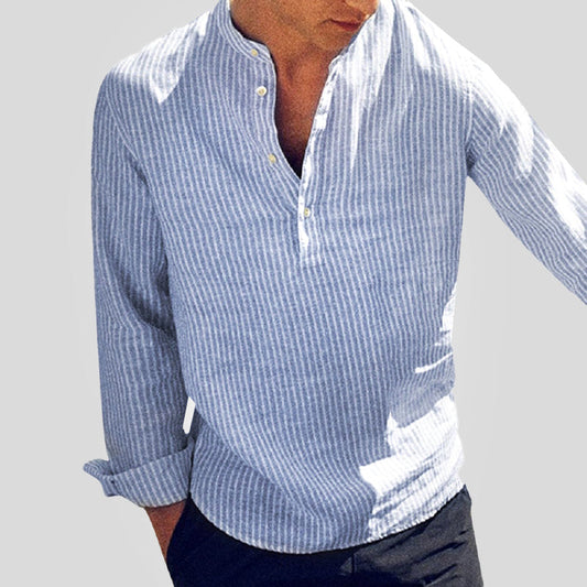 Soufiane | Chemise à manches longues en coton mélangé à du lin, à rayures et décontractée - Image 1