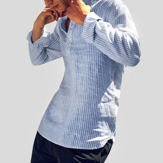 Soufiane | Chemise à manches longues en coton mélangé à du lin, à rayures et décontractée - Image 2