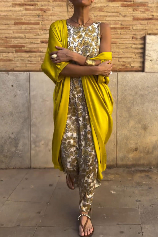 Déborah | Élégante robe longue dorée avec cardigan - Image 1