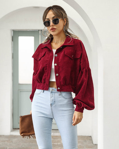 Couture-moda | Veste courte surdimensionnée pour femmes - velours côtelé avec manches ballon - Image 5