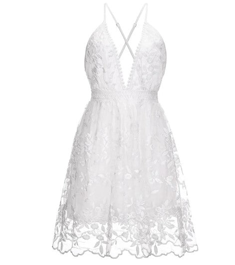 Sheherazade | Mini robe d'été blanche élégante à col en V et dos nu pour femmes - Image 3