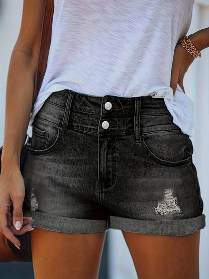 Couture-moda tania | Short en denim taille haute à ourlet froncé et vieilli - Image 3