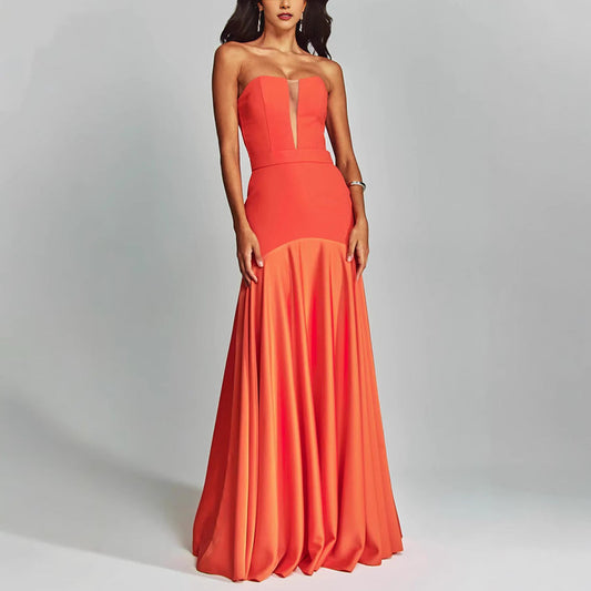 Couture-moda | Robe sans bretelles pour femme - Satin élégant - Coupe ajustée - Encolure plongeante - Longueur du sol - Image 2