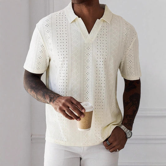 Christophe | Tee-shirt Relaxed Fit à col en V en maille jacquard pour hommes - Texture dentelle respirante - Image 1