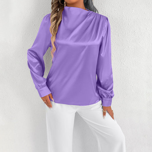 Couture-moda | Chemisier en satin pour femmes - Elegant Relaxed Fit High Neck Long Sleeve - Image 1