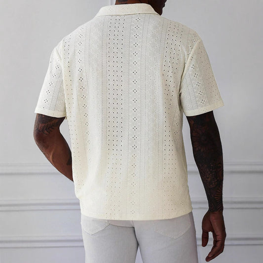 Christophe | Tee-shirt Relaxed Fit à col en V en maille jacquard pour hommes - Texture dentelle respirante - Image 2