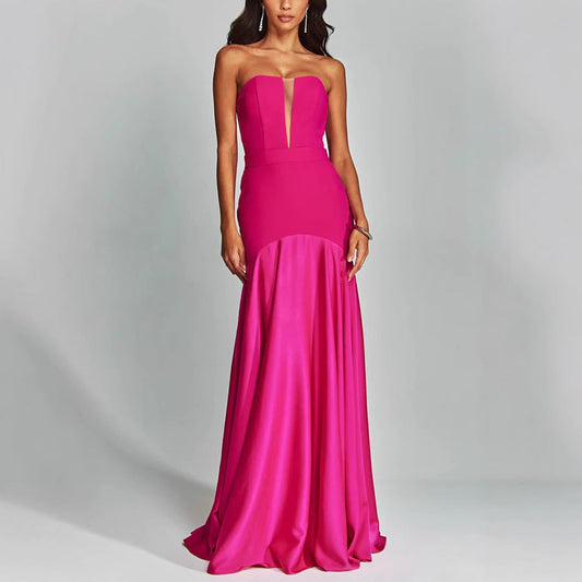 Couture-moda | Robe sans bretelles pour femme - Satin élégant - Coupe ajustée - Encolure plongeante - Longueur du sol - Image 3