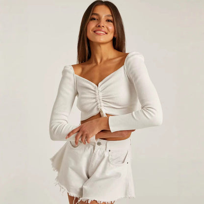 Kim | Haut Court Femme Manches Longues Froncées - Image 1