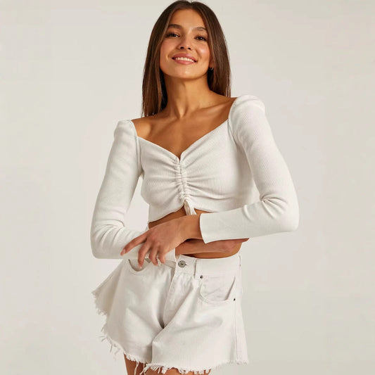Kim | Haut Court Femme Manches Longues Froncées - Image 1
