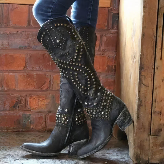 Océane | Bottes hautes - Cuir vieilli stylé - Détails de rivets audacieux - Image 1