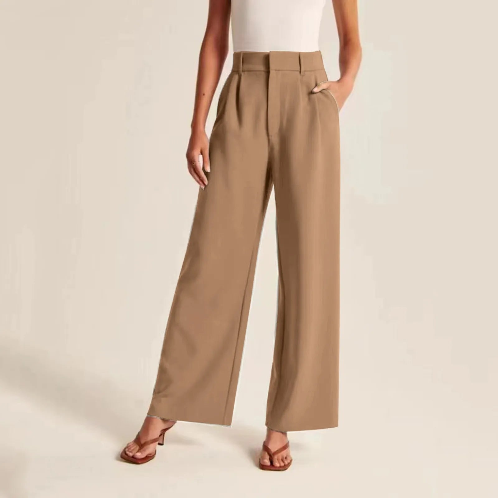 Couture-moda | Pantalon large à taille haute pour femmes - Tailored - Linen Feel - Full Length - Image 3