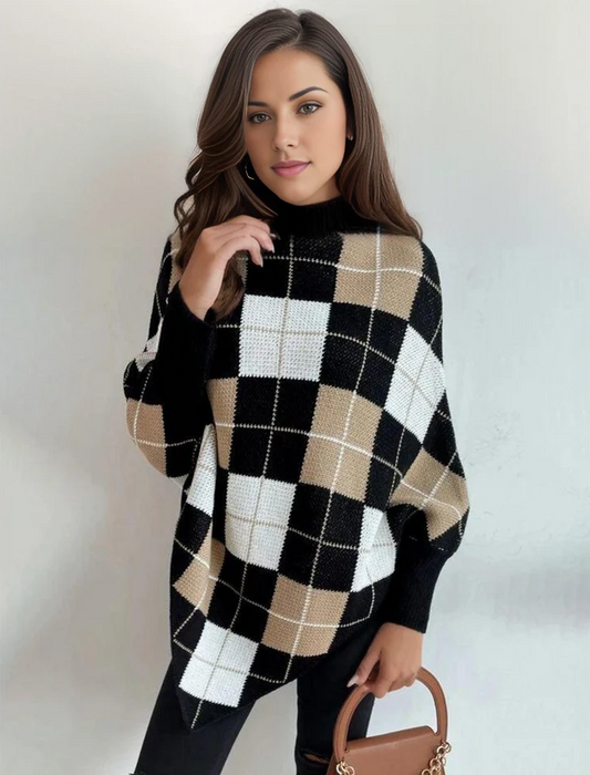 Gaia | Pull ample à col roulé à motif losanges pour femme - Image 1