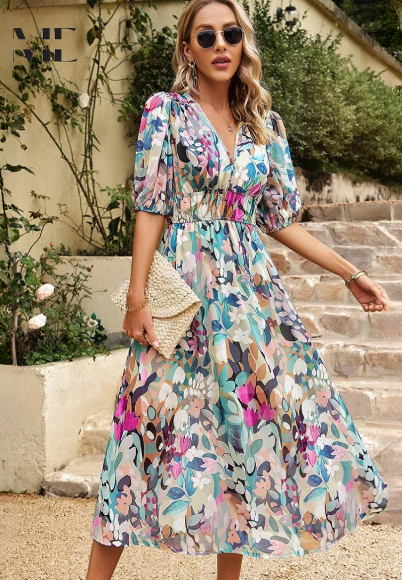 Catarina | Robe midi florale à manches bouffantes - Image 4