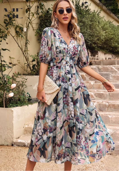 Alette | Dame Blomstret A-Linje Midi Kjole - Image 1
