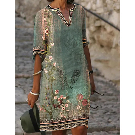 Image of Antonia | Dame V-hals Blomstret Midi Kjole