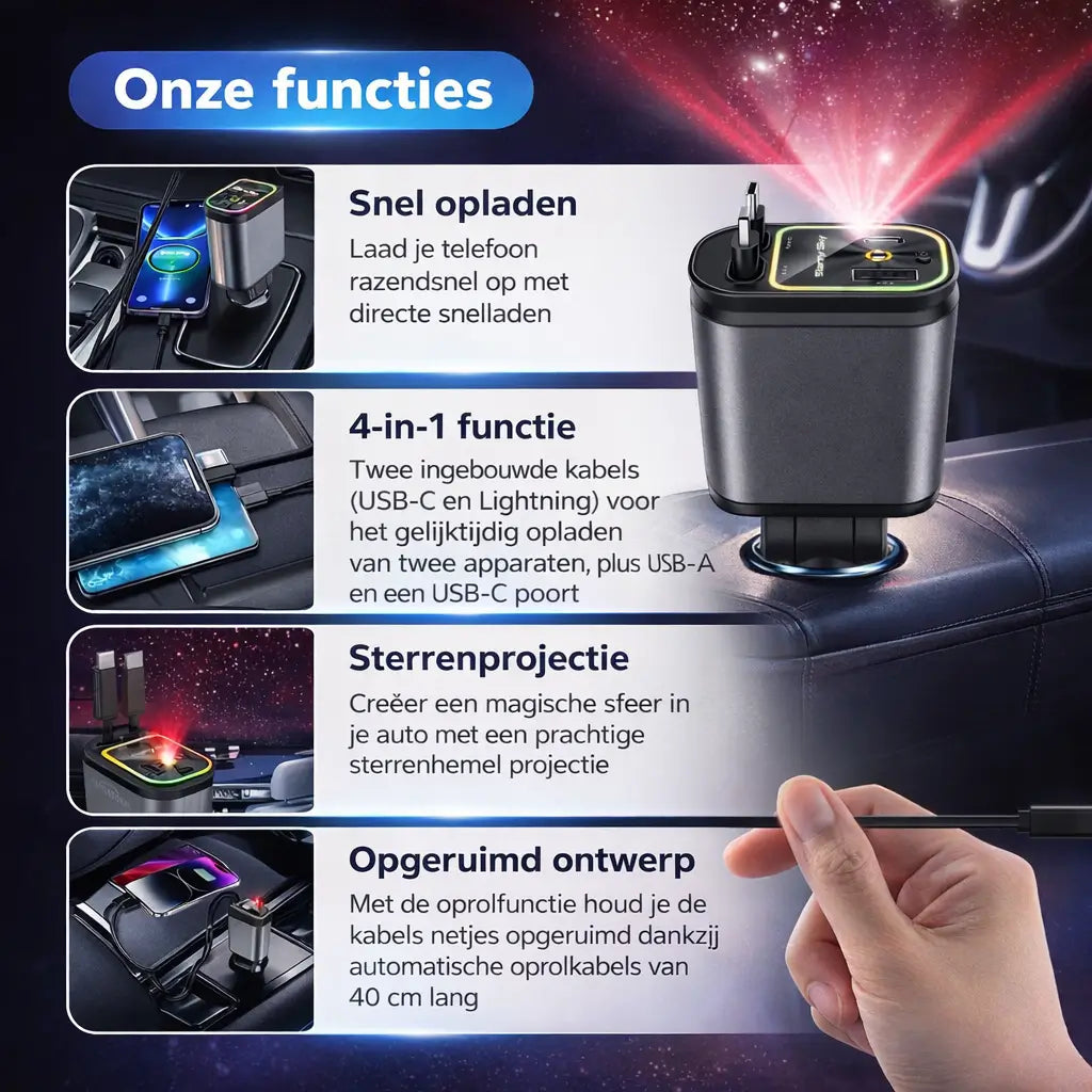 AutoCharge™ 120W | 4-i-1 Oplader, Super Hurtig, RGB Stjernehimmel!