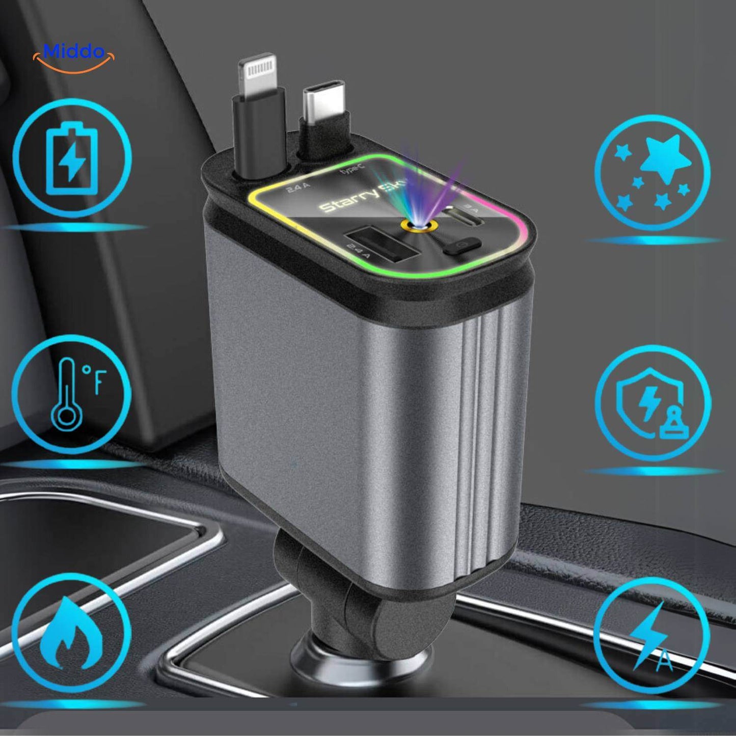 AutoCharge™ 120W | 4-i-1 Oplader, Super Hurtig, RGB Stjernehimmel!
