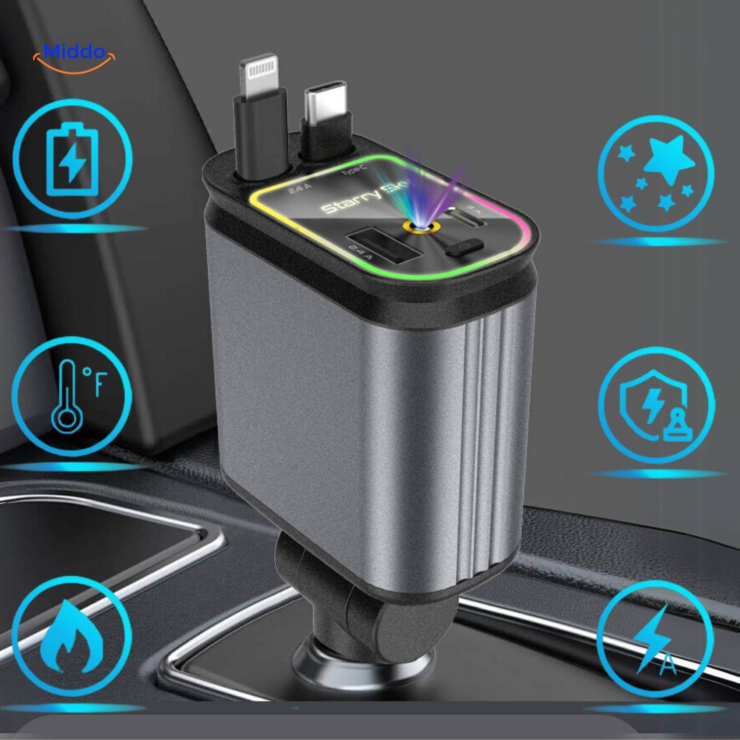 AutoCharge™ 120W | 4-i-1 Oplader, Super Hurtig, RGB Stjernehimmel!