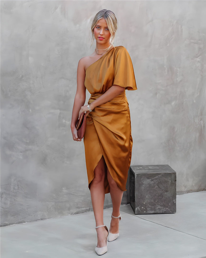 Image of Bea | Dame One Shoulder Slå-om Midi Kjole