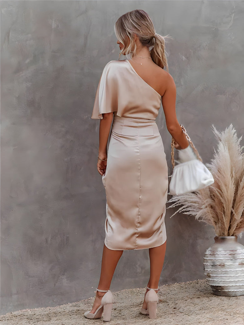 Image of Bea | Dame One Shoulder Slå-om Midi Kjole