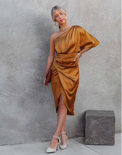 Image of Bea | Dame One Shoulder Slå-om Midi Kjole