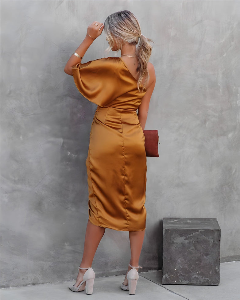 Image of Bea | Dame One Shoulder Slå-om Midi Kjole