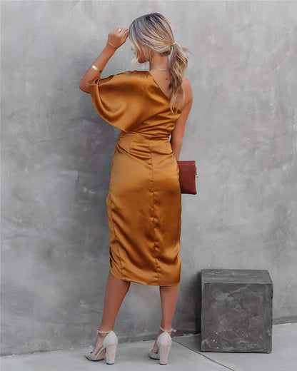 Image of Bea | Dame One Shoulder Slå-om Midi Kjole